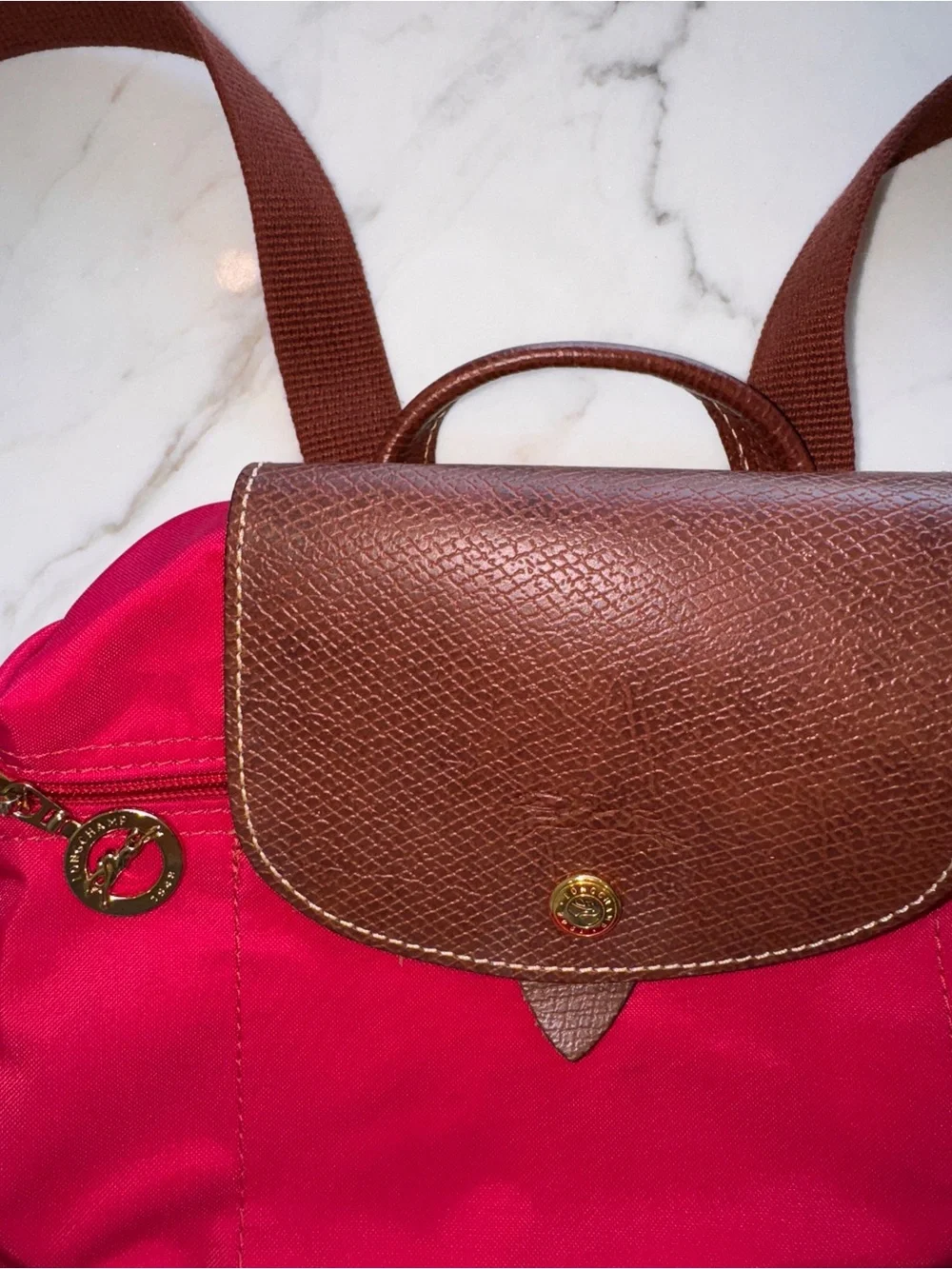 Longchamp pink nylon backpack with brown leather flap